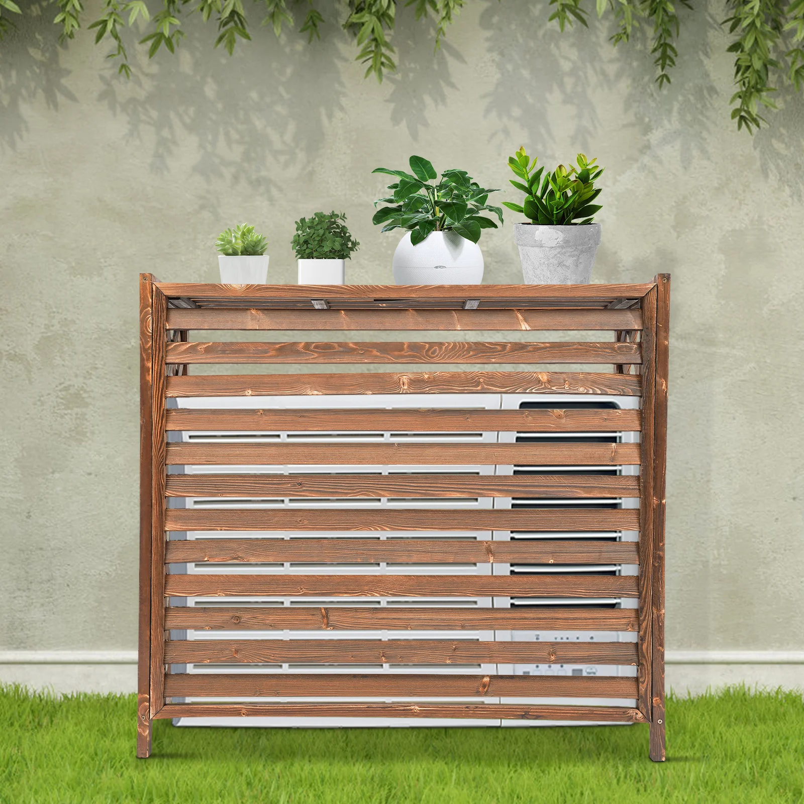 Air Conditioner Cover with Privacy Fence, Waterproof Fir Wood, Sun Protection, Planter Design, Easy Installation, Durable and