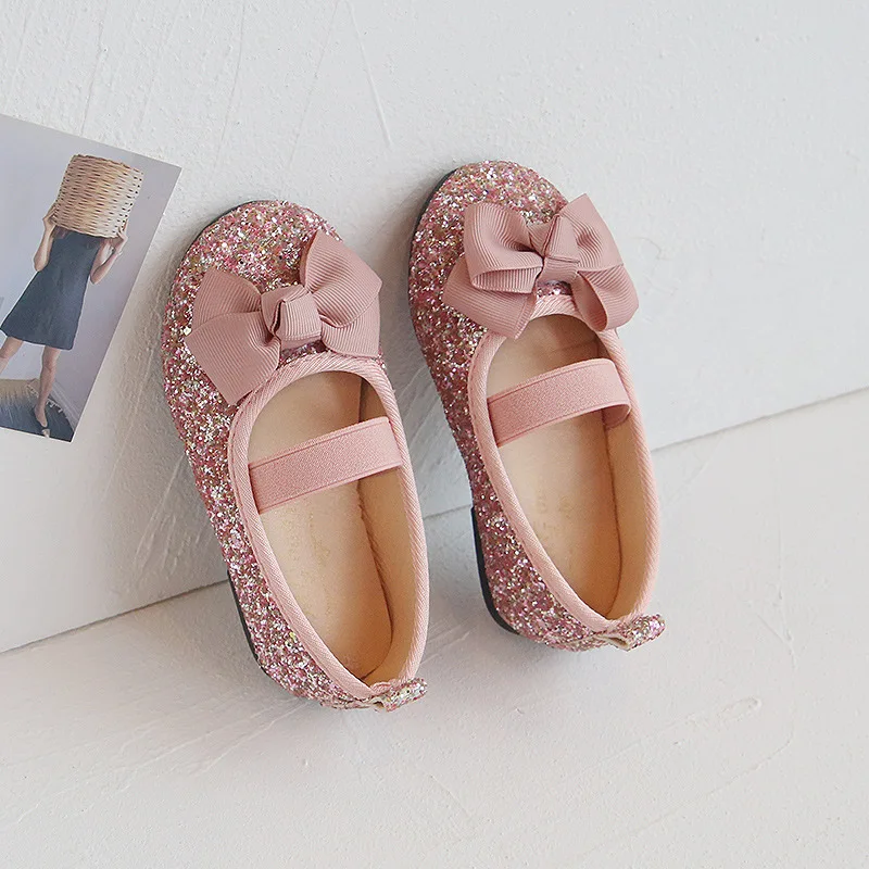 Bling Princess Shoes Fashion Spring Girls Shoes Flat Glitter Bowtie Children Flats Kids Shallow Baby Single Toddlers