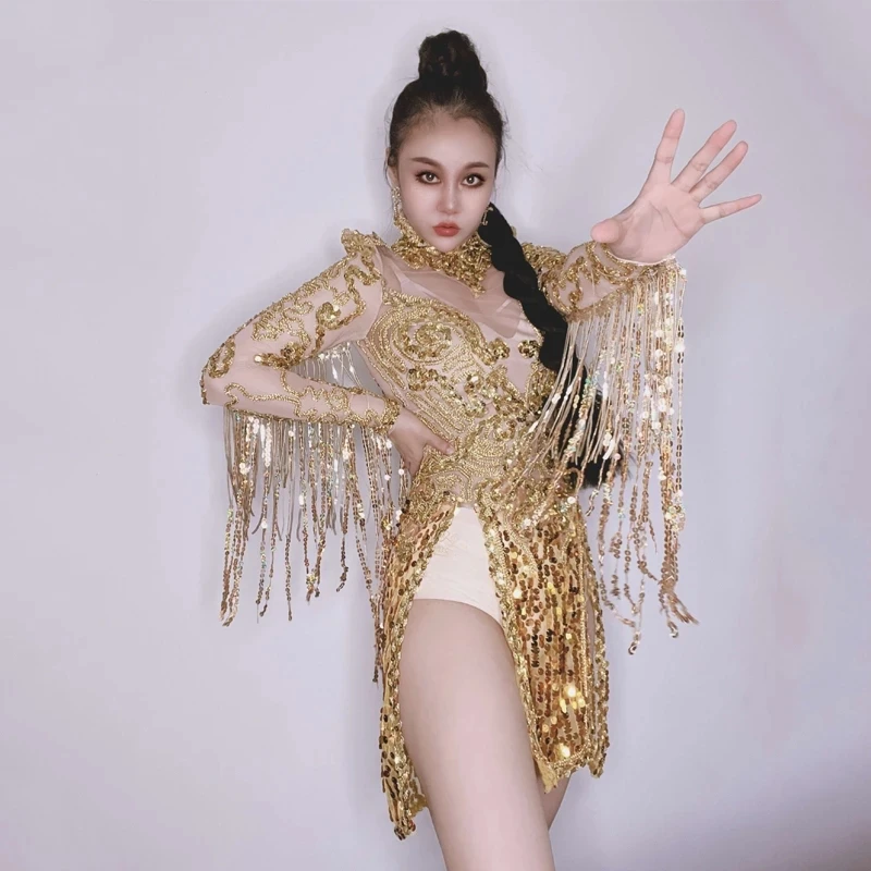 

Gold Party Dress Sequins Tassel Women Perspective Fringes Sleeves Dress Birthday Celebrate Outfit Gogo Costume