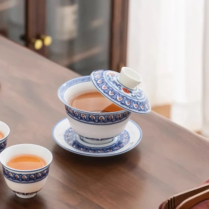 

Celadon Porcelain Sancai Covered Bowl Single Non-Hot Hand Tea Cup Hovering Large Size White Porcelain Tea Bowl Outdoor Portable