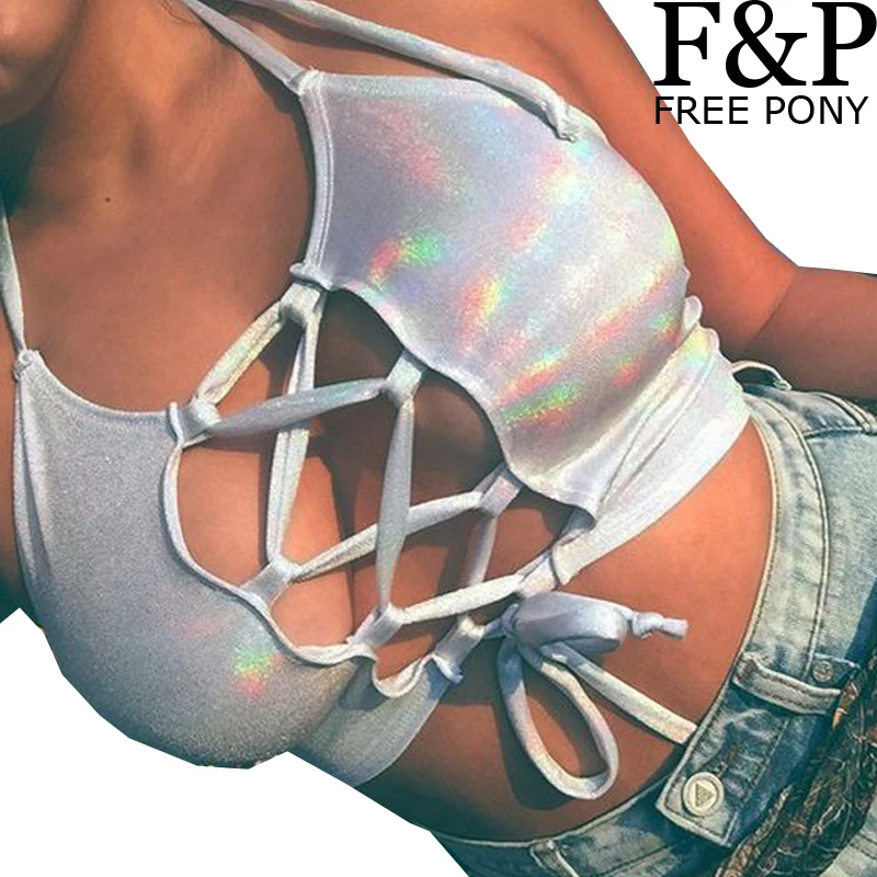 

Silver Holographic Women Crop Top Rave Festival Top Clothes Outfits Punk Laser Hologram Foil Fabric Lace Up Women Tank Top