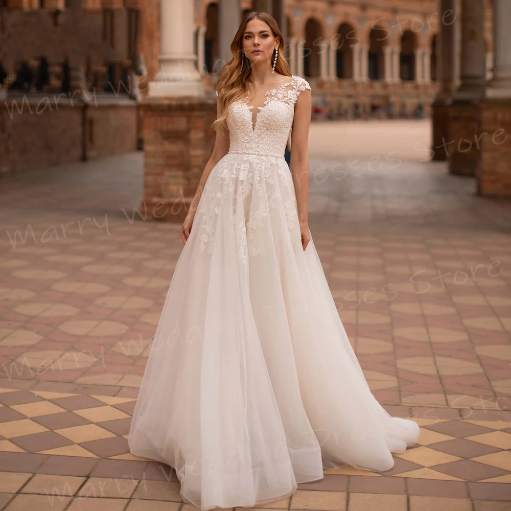Simple Modern A Line Women's Wedding Dresses Charming Square Collar Bride Gowns Sleeveless Backless Sequined