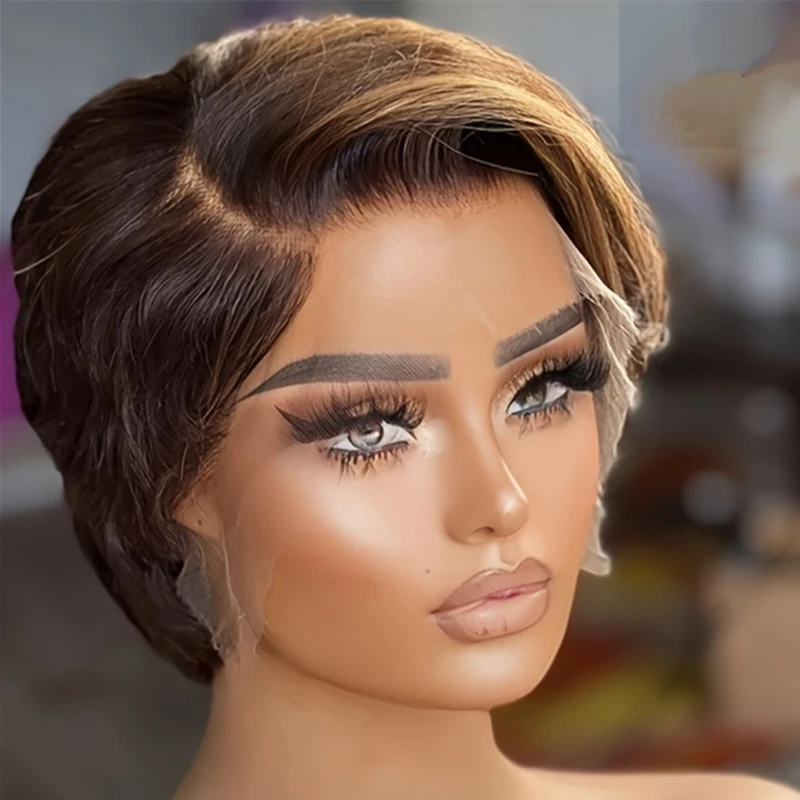 13*4*1T lace human hair wig pixie human hair wig short straight wigs 6inch 150% density pixie natural look
