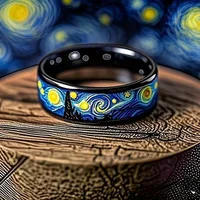 Unique Starry Night Pattern Men's Black Ring Personality Women Wedding Band Jewelry Unisex Party Accessories Wholesale