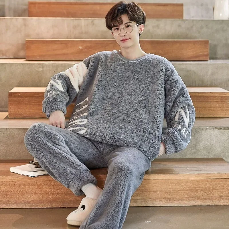 2024 New Sleepwear Men's Winter Thick Plush Loungewear Coral Velvet Youth Cartoon Flannel Nightwear Warm Plus Size Homewear Set