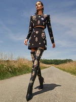 HIGH STREET Newest 2024 Designer Runway Suit Set Women's O-neck Zip Back Cropped Tops Mini Skirt Set 2pcs 1