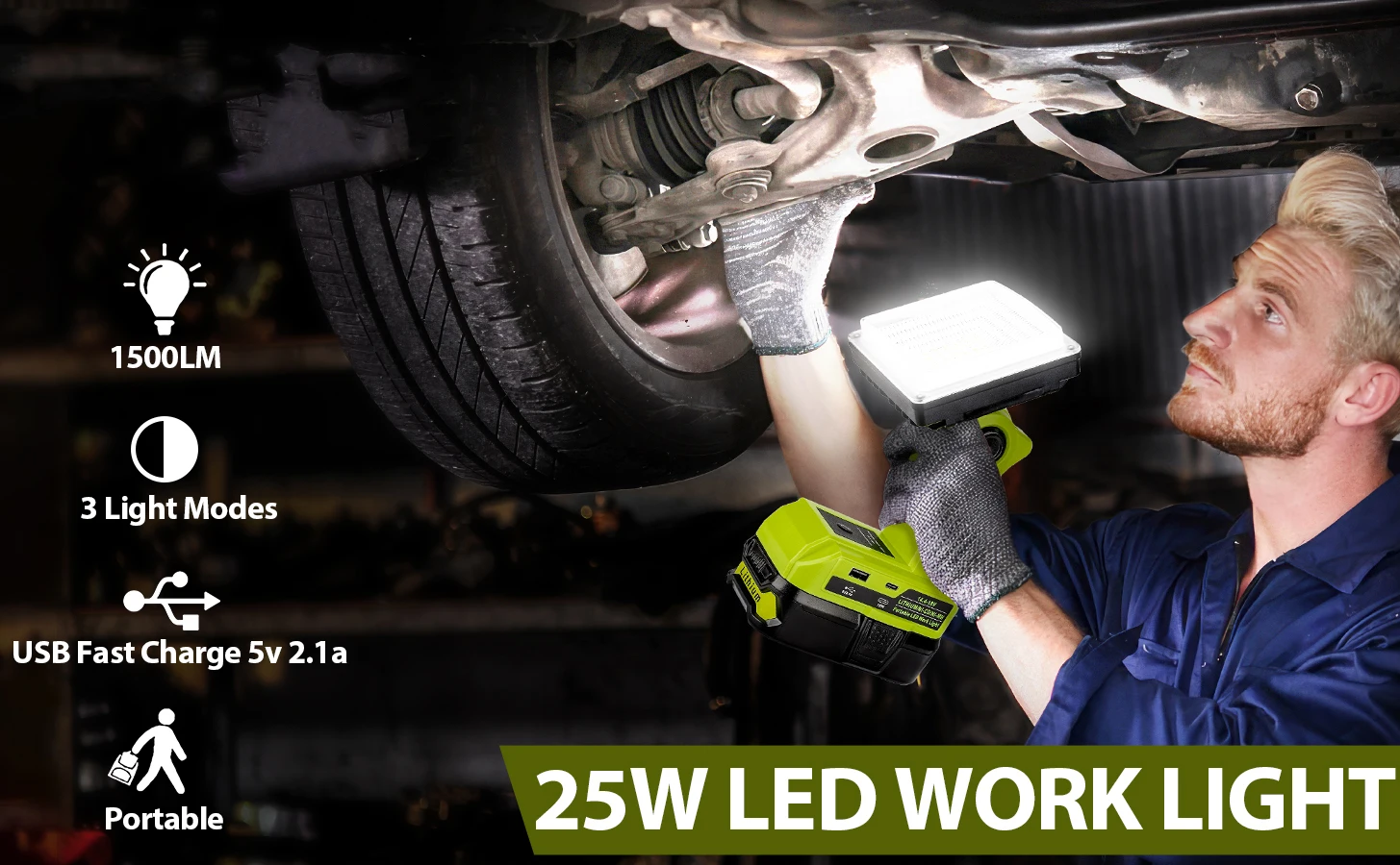 Cordless LED Work Light for Ryobi 18V Battery 25W LED Floodlight with USB-A Fast