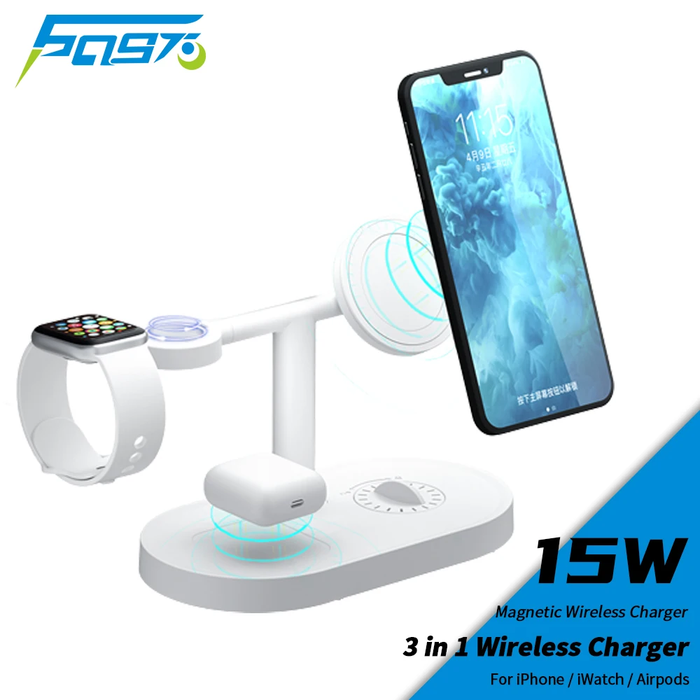 

15W Magnetic Wireless Charger Stand 3 in 1 Mag Safe Fast Charging Holder for iPhone 12 13 14 Pro Max Apple Watch iWatch Airpods