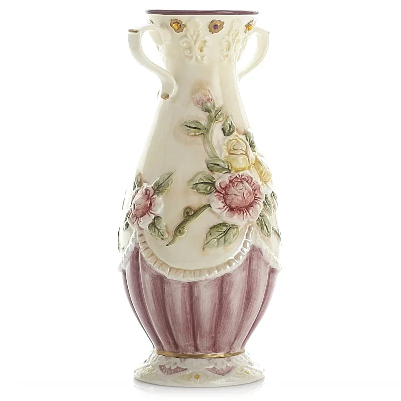 

Double eared ceramic high vase, European style flower vase, study, home, living room, tabletop decoration, embossed rose