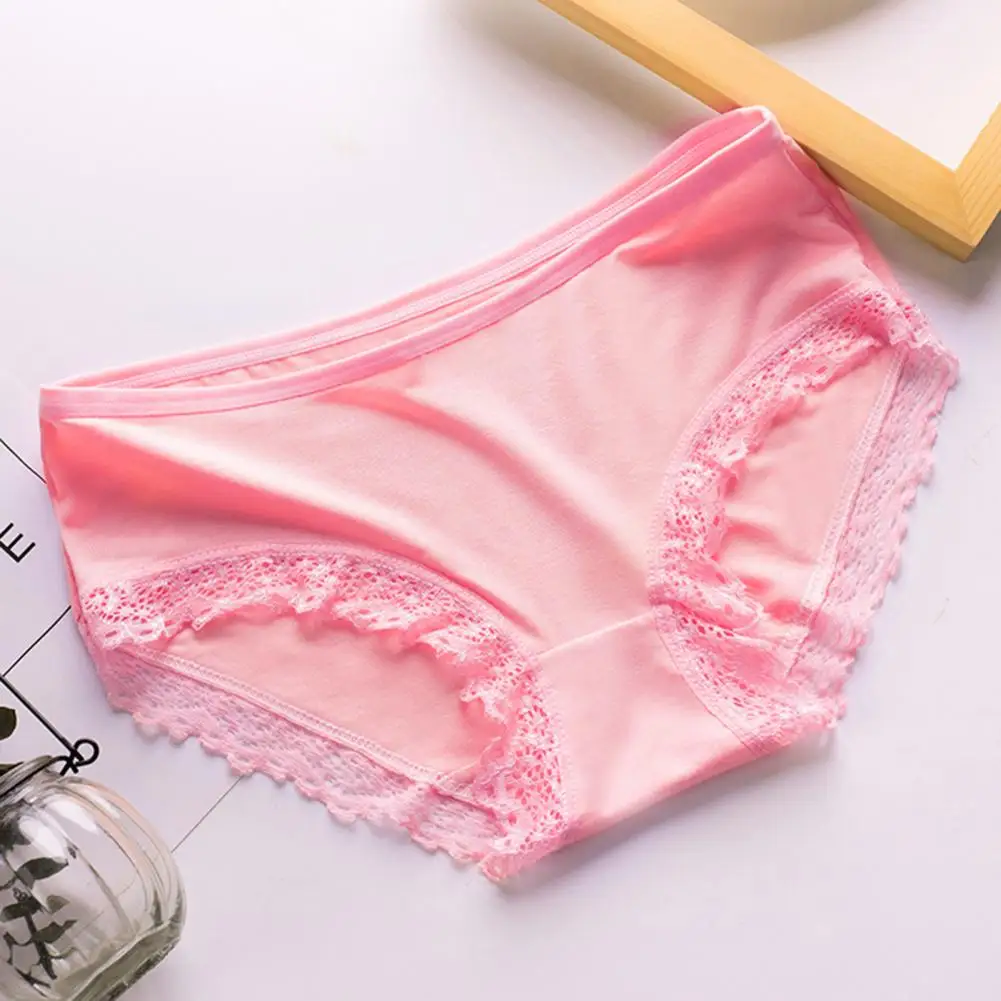 Women Underpants Seamless Solid Color Soft Lace Breathable Mid Waist Elastic Briefs Lady Sexy Lace Panties Women Lingerie