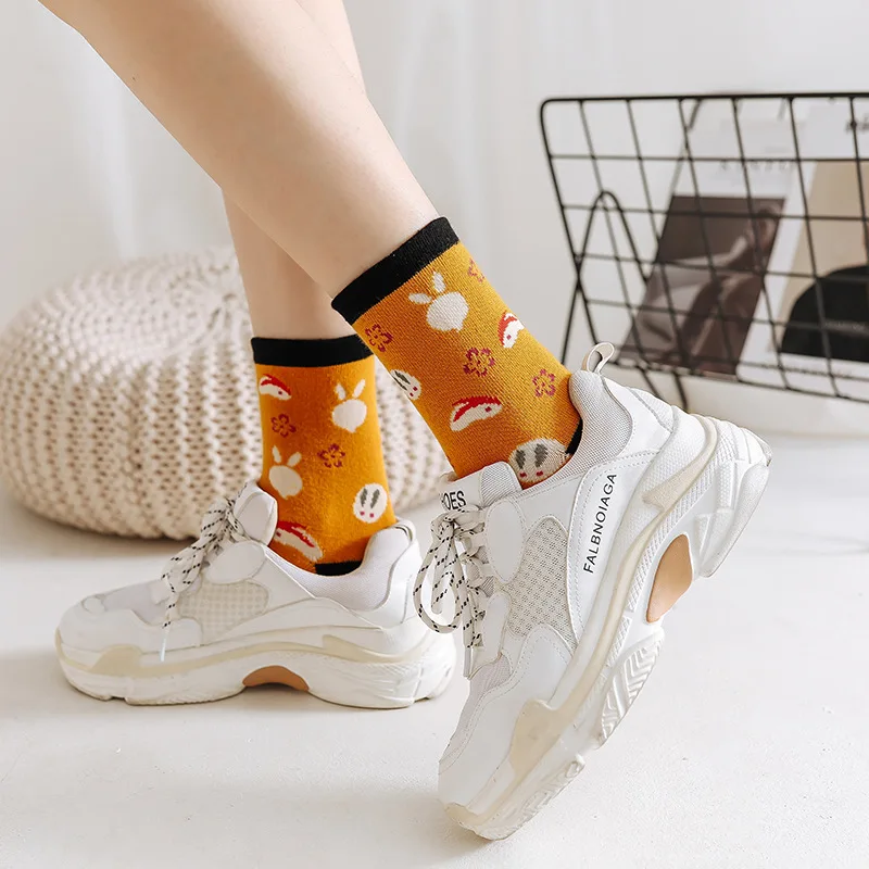 5 Pairs Japanese Style Kawaii Two Toe Tabi Socks for Women Girls Novelty Cute Cat Pattern Cartoon Knitted Cotton Socks with Toes