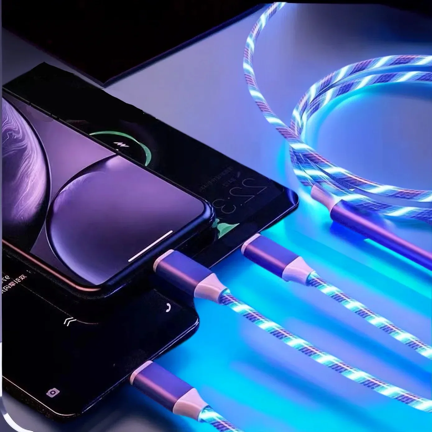 Chargeur de téléphone lumineux LED 3 en 1, câble USB Type C pour Xiaomi, iphone, Samsung, accessoires de téléphone, cordon de Charge
