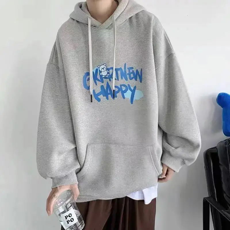 Fashion Loose Printed Letter Lace Up Hoodies Sweatshirts Men's Clothing 2024 Spring New Oversized Korean Tops Casual Sweatshirts