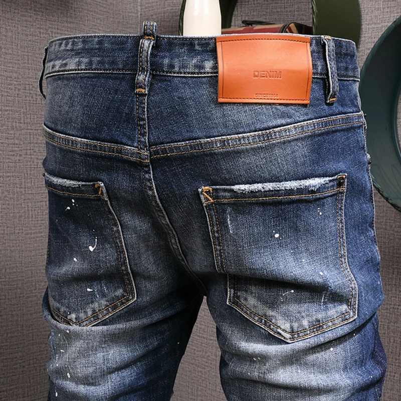 High Street Fashion Men Jeans Retro Blue Elastic Stretch Slim Fit Ripped Jeans Men Embroidery Designer Hip Hop Brand Pants Homme