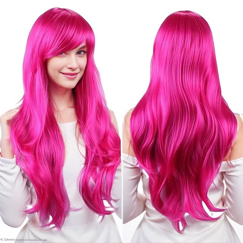 Synthetic Hair Wigs 28 inch colored anime long straight slanted bangs
