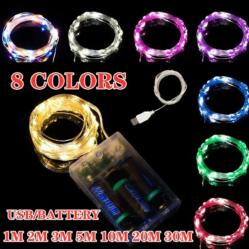 1m-30M USB Batterie Led-leuchten String Kupfer Silber Draht Girlande Licht Lichterkette Für Weihnachten hochzeit Party Dekoration Kranz