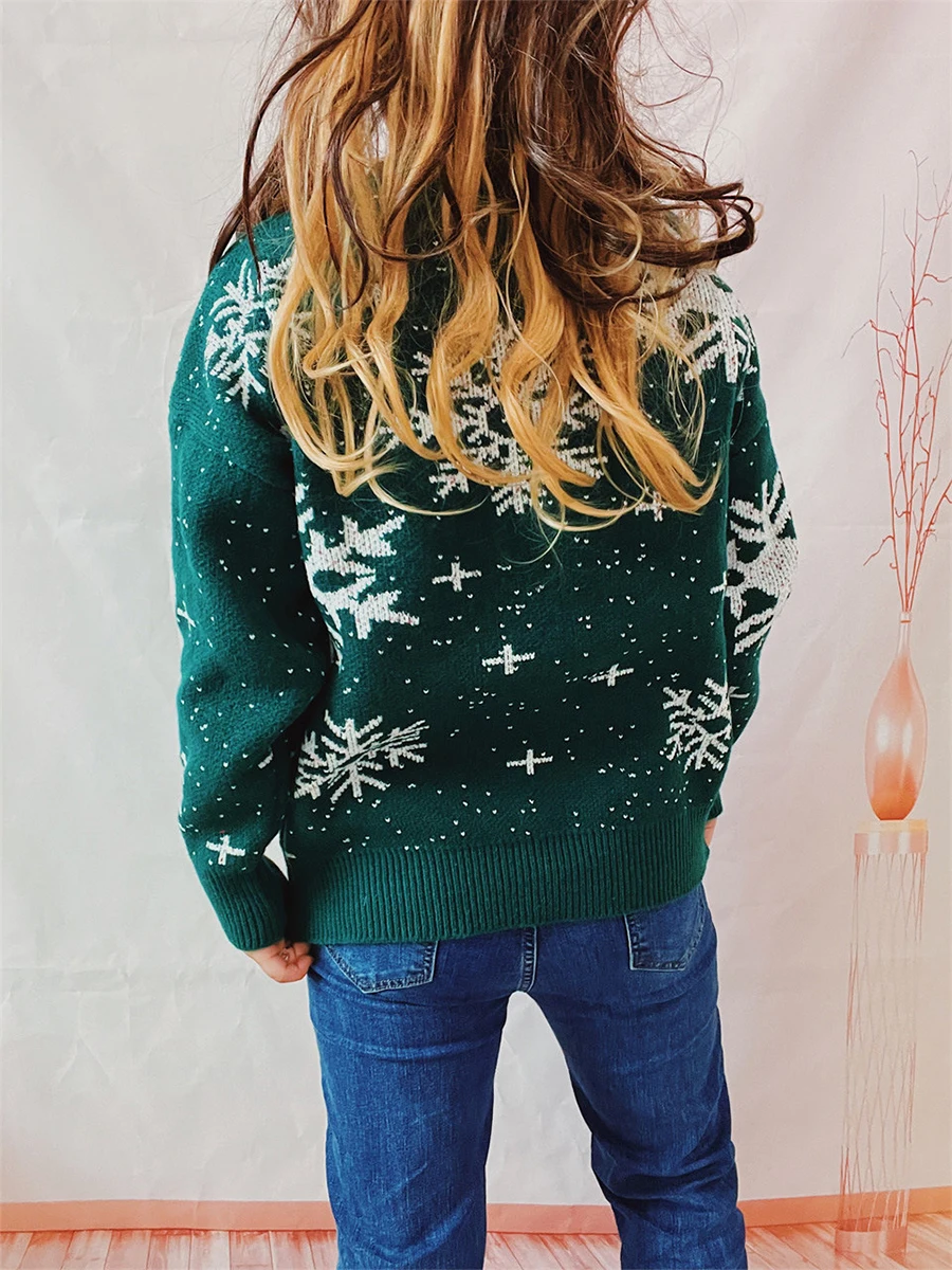 

Kimydreama Women Cute Christmas Sweaters Snowflake Print Warm Long Sleeve Basic Pullover Knitwear Streetwear