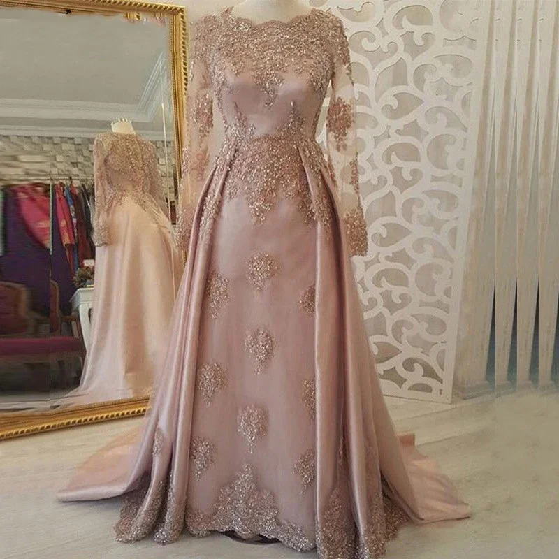 

Pink Muslim Decal Sequin Evening Dresses A-line Long Sleeves Dubai Arab Wedding Party Prom Dresses Vestidos De Festa 2023