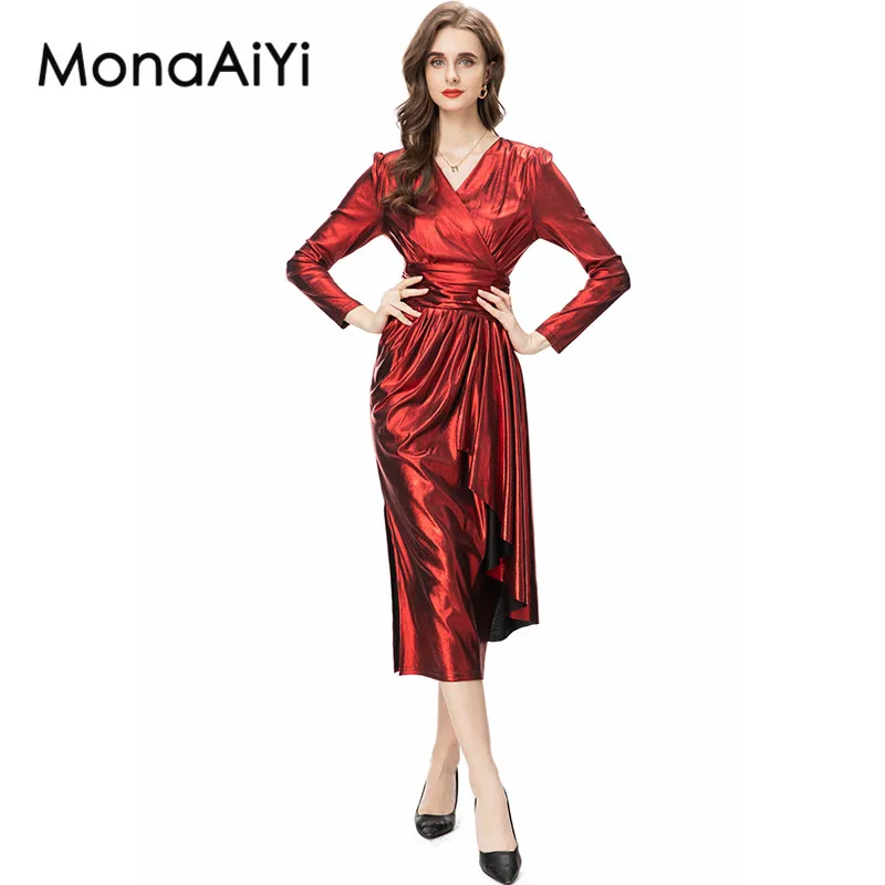 

MonaAiYi New Fashion Runway Designer Dress Women's V-Neck Long Sleeve Soild Color Silk Slim Waist Tightening Red Dresses