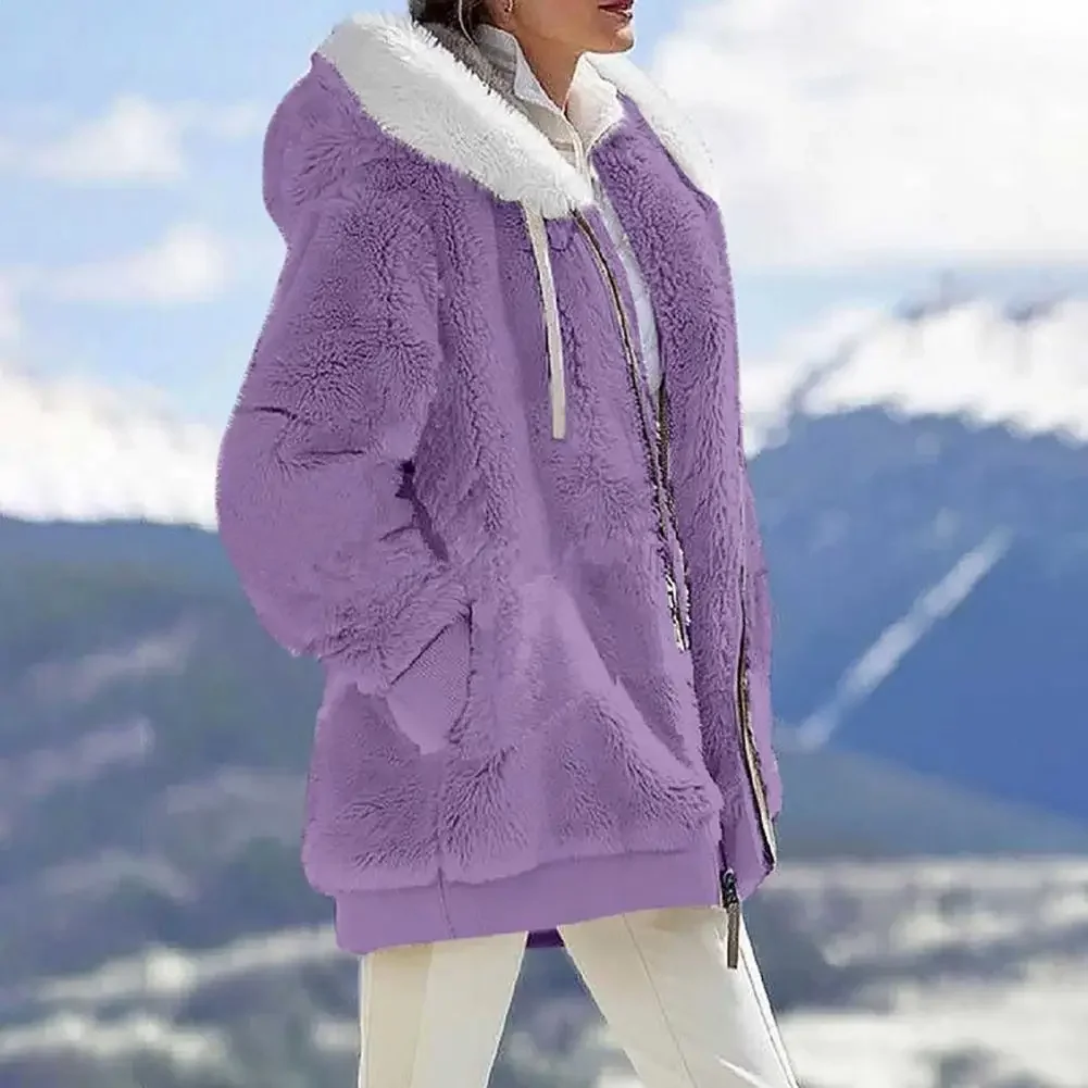 Women Jacket Cozy Hooded Plush Winter Coat for Women Windproof Zipper Closure Jacket with Side Pockets Stylish for Weather 2