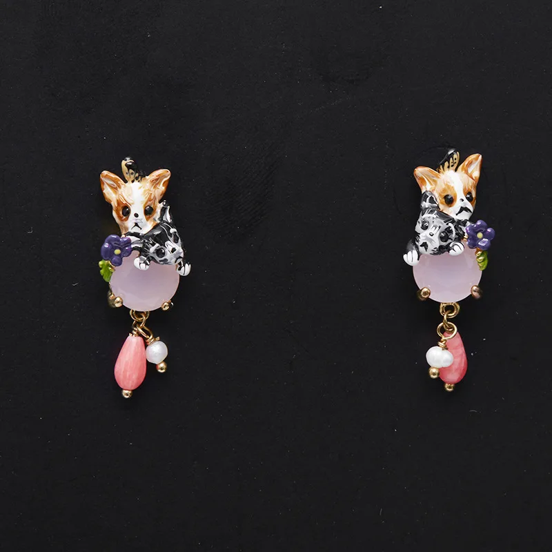 Cute Exquisite Fashion Enamel Glazed Chihuahua Puppy Dog Flower Wheat Glass Tassel Asymmetric Earrings Ear Studs Clip Japanese