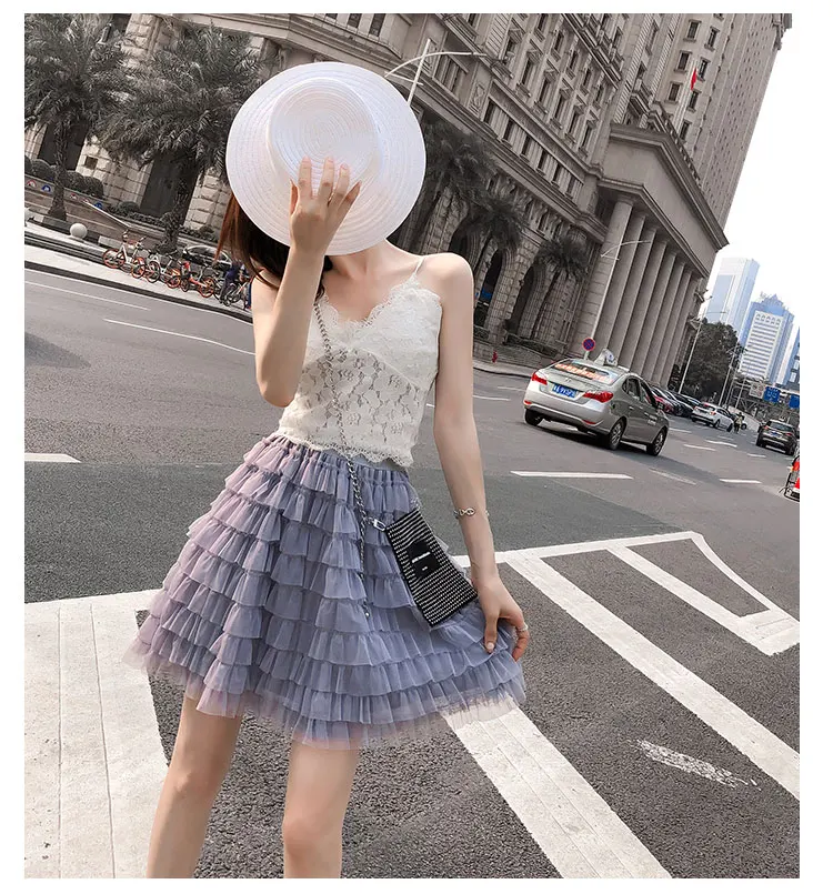 2022 Summer Women High Waist Cake Skirts Black Mesh Pleated Skirts Sweet Elegant Women Clothing Outfits golf skirt