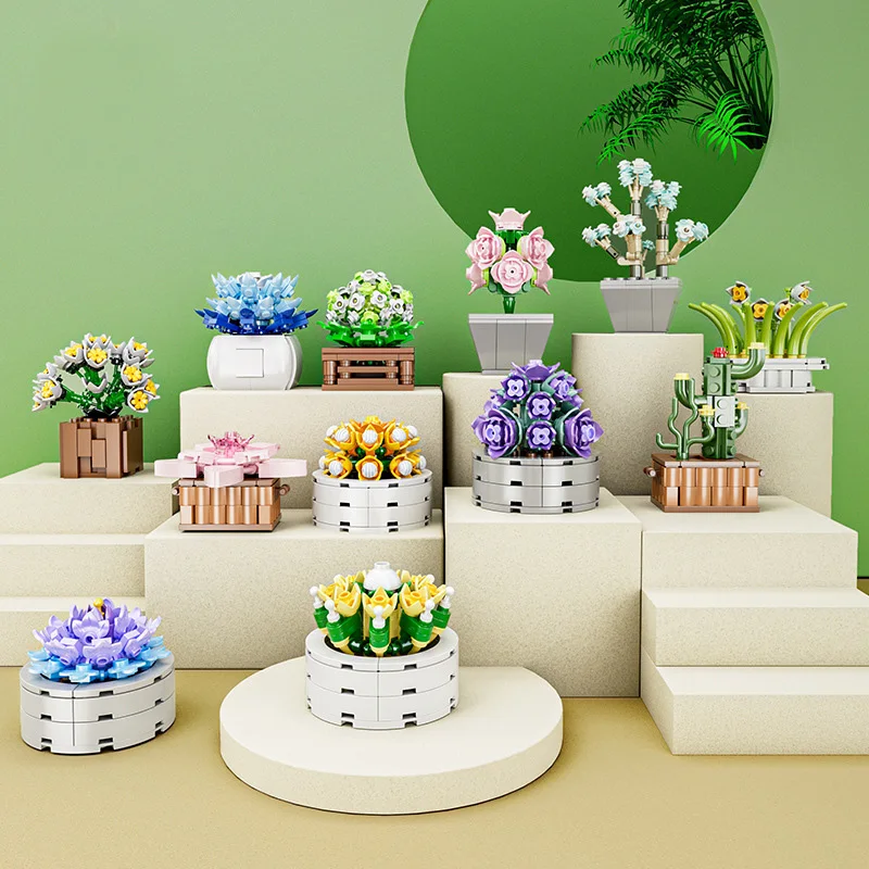 

12Pcs City Street View Series Flower Bonsai Office Decoration Indoor Ornaments Building Blocks Bricks Toys Girl Gifts