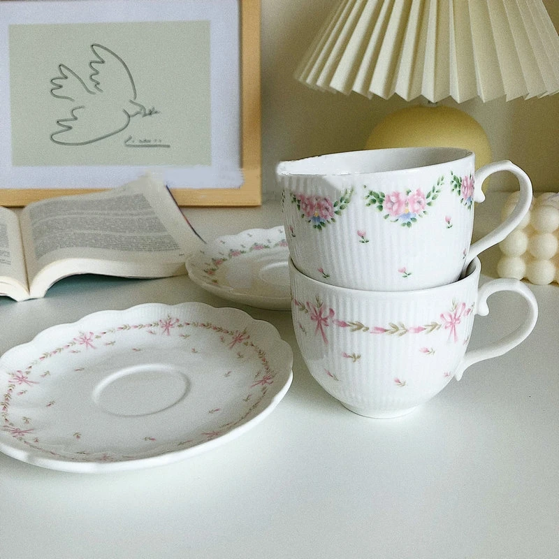 Ceramic Coffee Cup and Saucer Set Handmade Retro Rose Design