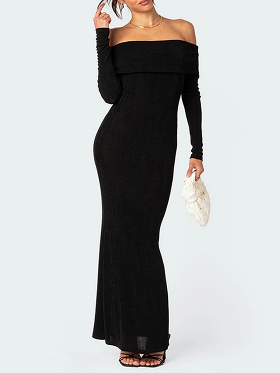 

Long Sleeve Off Shoulder Dresses Women Vestidos De Mujer Autumn Winter Basic Skinny Christmas All-match Clothing Sweet