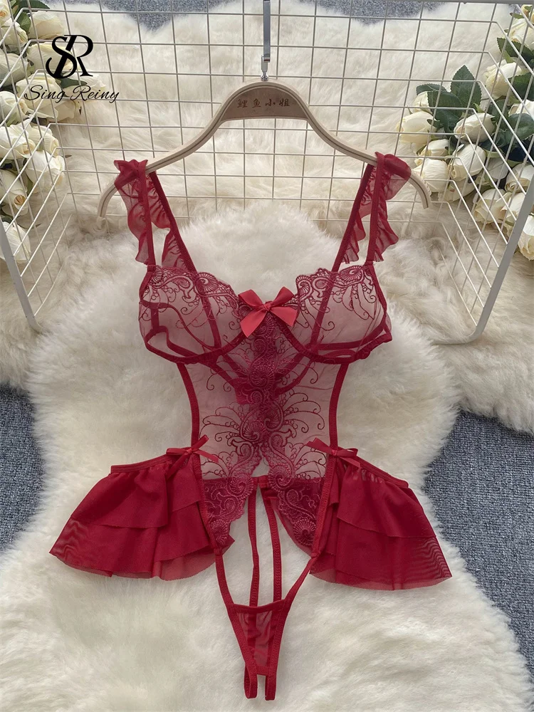 SINGREINY Porno Sheer Lace Playsuits Women Sheath Hollow Out Lingerie Ruffles Jumpsuits 2023 Short Transparent Sexy Bodysuits
