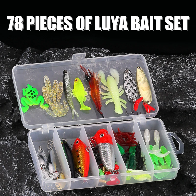 

78pcs/Box Fishing Lures Kit With Tackle Box For Saltwater Freshwater Metal Spoon Lure Worm Bait Fishing Accessories