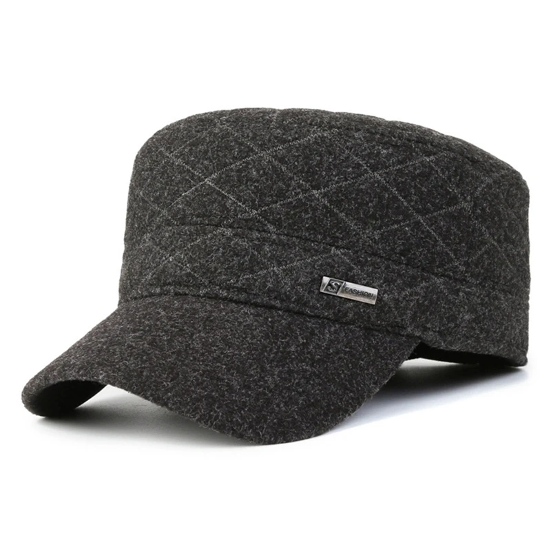 Woolen Black Hat Military Winter Warm Hat Cap for Men Dad Ear High Quality Adjustable Classic Men Cap with Ear Flap