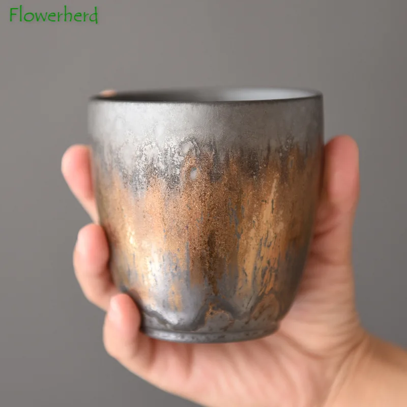 Vintage Gilt Ceramic Tea Cup Teaware Kung Fu Tea Cup Coarse Pottery Teacup Rust Glaze Master Single Coffee