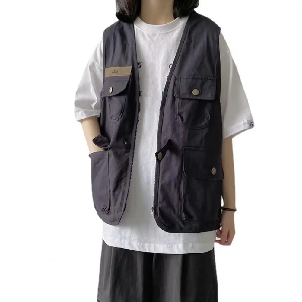 

Zipper Buttons Closure Vest Unisex Summer Vest with Multi Pockets Zipper Closure Streetwear for Men Waistcoat