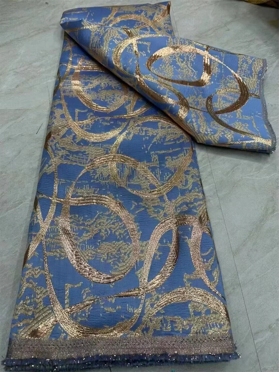 Tela de brocado Jacquard africano azul, Damasco Floral nigeriano, Material de encaje dorado, tela de brocado, 5 yardas, LB2