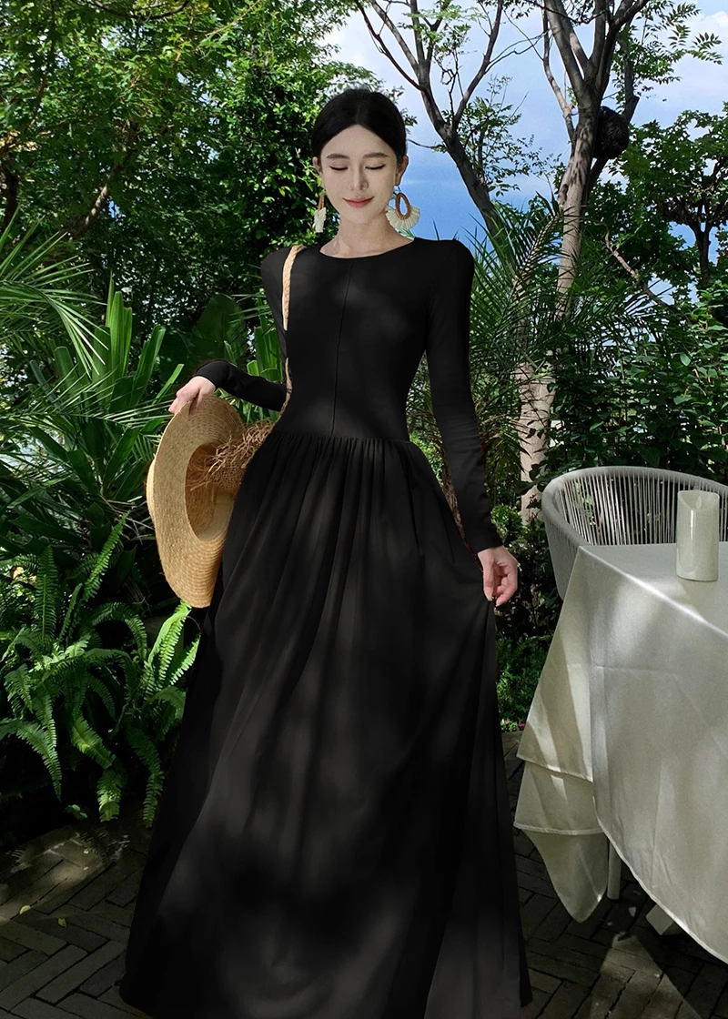 Vestidos largos informales de retazos para mujer, cuello redondo, mangas largas, corte en A, otoño primavera, moda coreana, vestidos de una pieza para mujer, nuevos