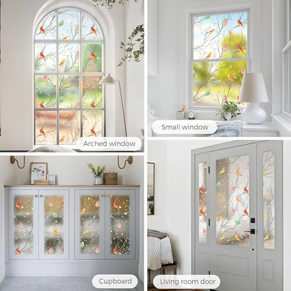 Translucent Window Film Decorative Stained Glass Window Film Bird Patterned Privacy 45*300cm Sun Blocking