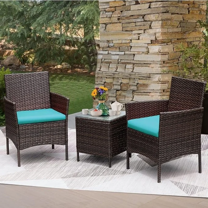Patio Cushioned Rattan Converstaion Set Glass Table Top Humanized Design All-weather Furniture Set Outdoor Life 3 pcs