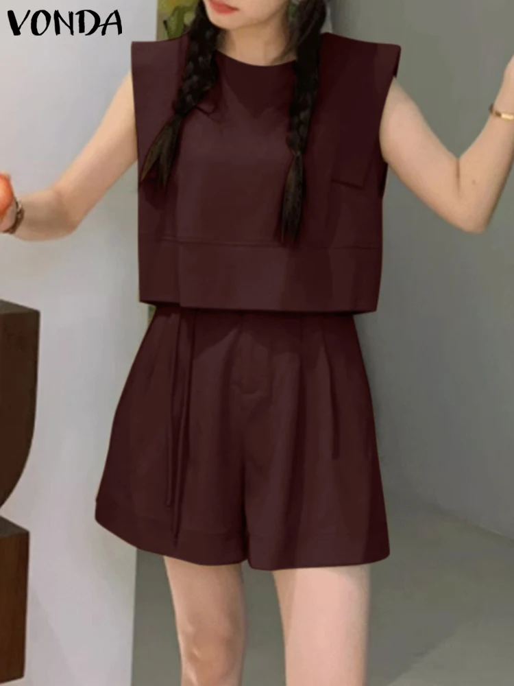 

2023 VONDA элегантные женские короткие комплекты пикантные подходящие комплекты Летние повседневные шорты и топ без рукавов Свободные однотонные комплекты 2 шт.