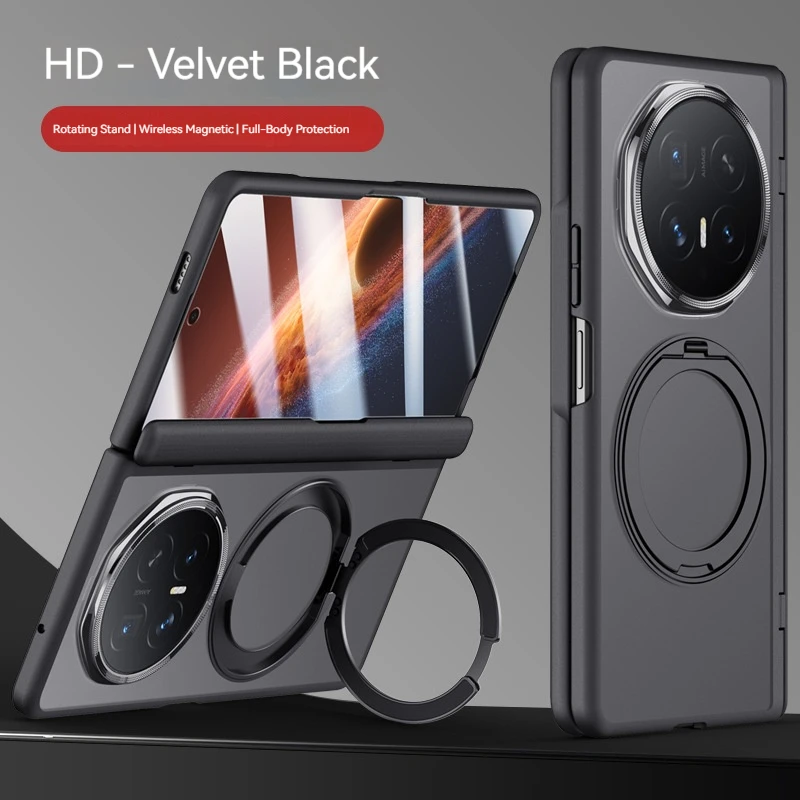 Frosted Transparent Magnetic Phone Case with Metal Rotating Bracket and Tempered Glass Protection