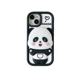 Adorable Panda Flip Mirror Silicone Phone Case - Shockproof Protective Cover - iPhone 12 Pro Max (Black)