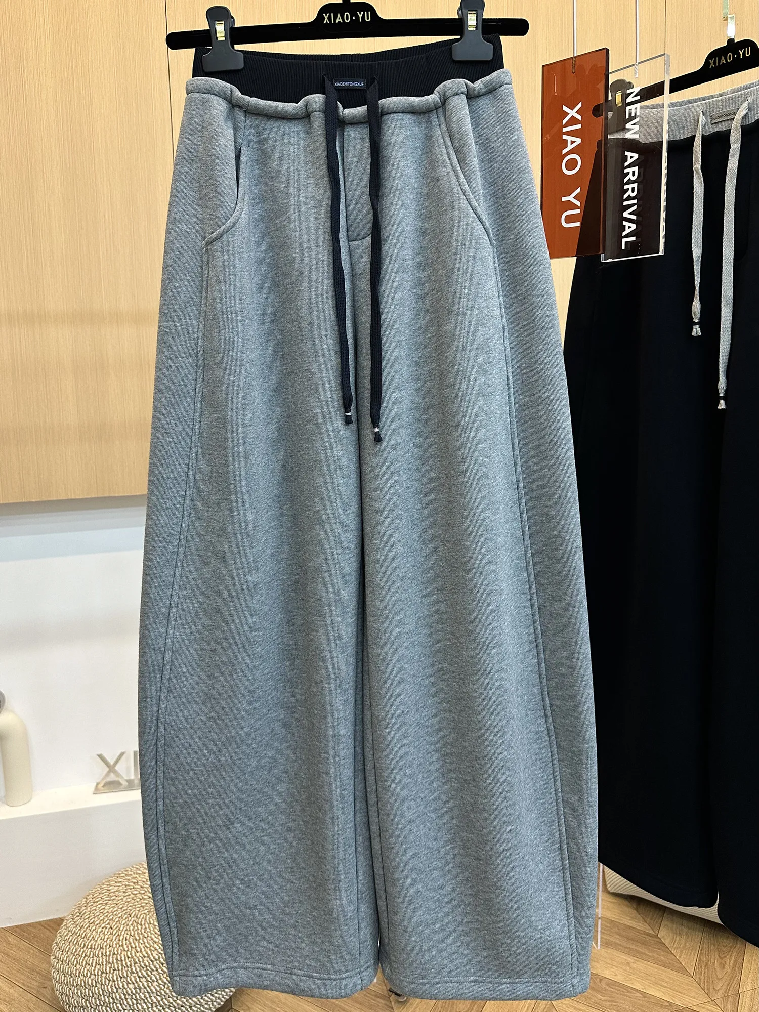 بنطلون نسائي واسع الساق بخصر مرتفع ورباط، تصميم مرقع مع حافة منحنية، مناسب للربيع والخريف، بنطلون رياضي كاجوال