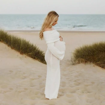Maternity Off Shoulder Long Sleeves Semi-Sheer Knit Solid Dress for Baby Shower Party Photoshoot