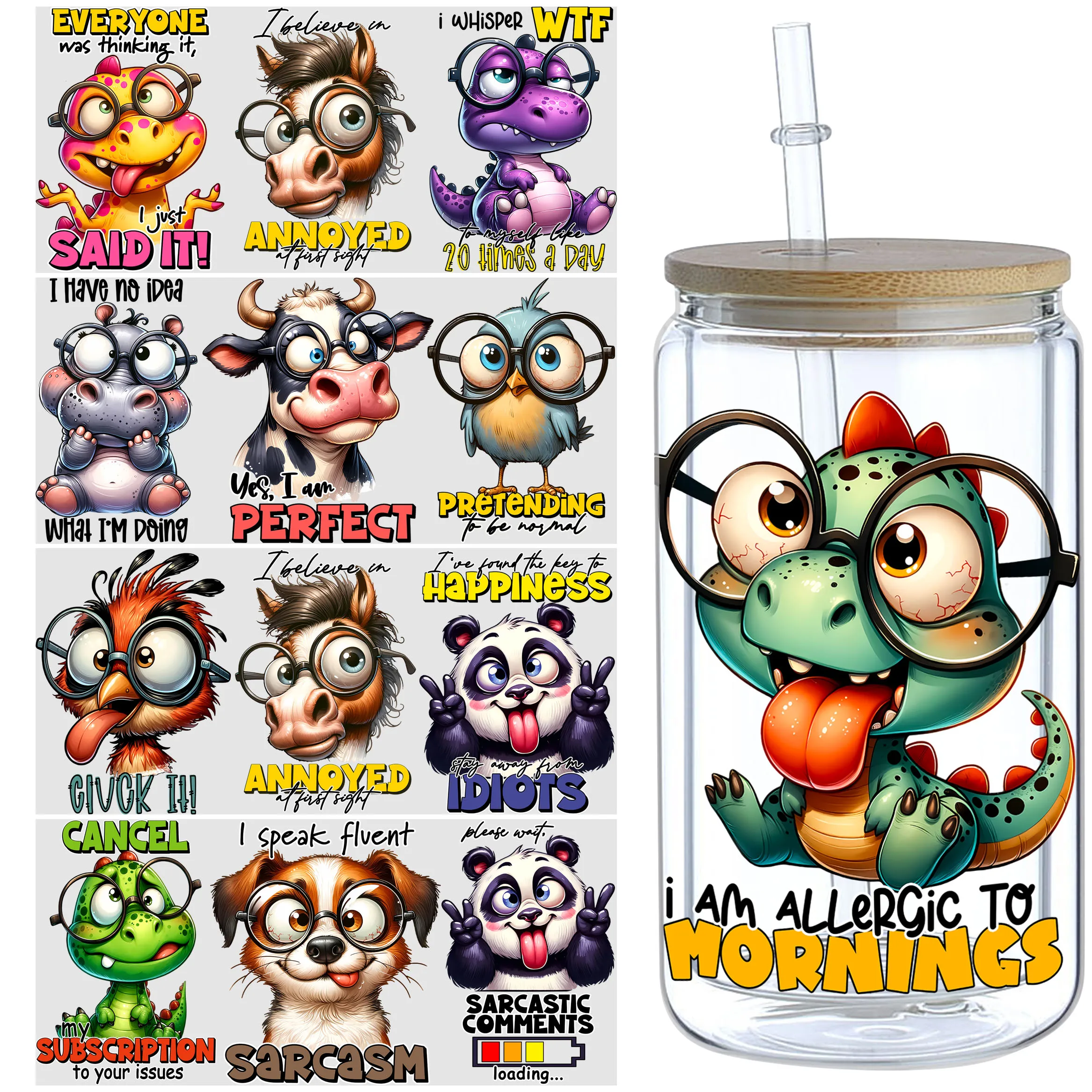 5 sheet Funny Animal UV DTF Cup Holders 16 oz, DTF Cup Holder Transfer Glass, Friction Transfer Stickers, Furniture Crafts
