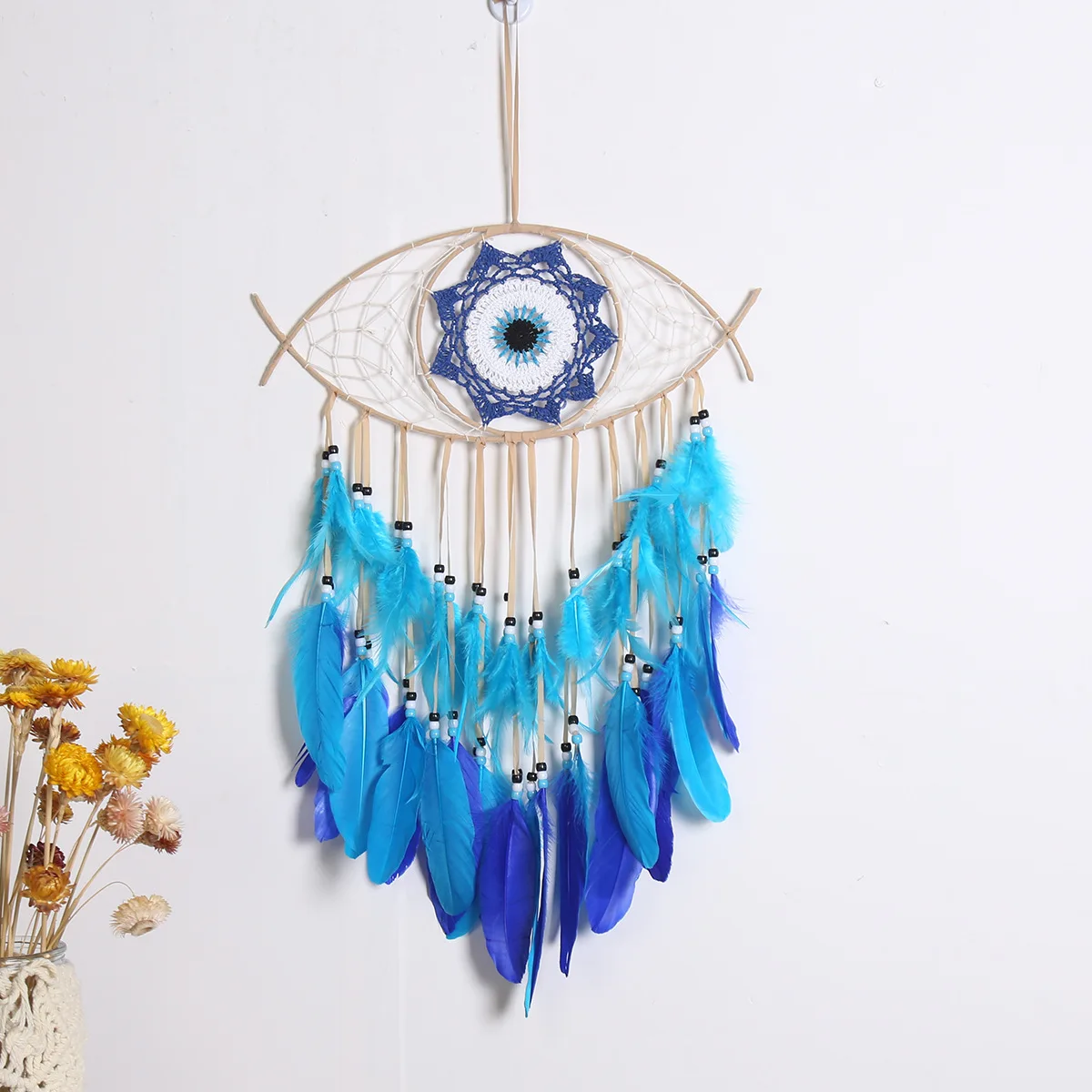 

Handmade Creative Rattan Ring Dream Catcher Pendant Blue Devil Eye Feather DreamCatchers Witch Dark For Home Decorate Wall Gift