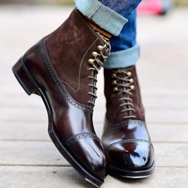 Leather Boots Mens Leather Boots Motorcycle Leather Boots Men Short Brown Bullock Flock Lace-up Square Toe Business Ankle Shoes