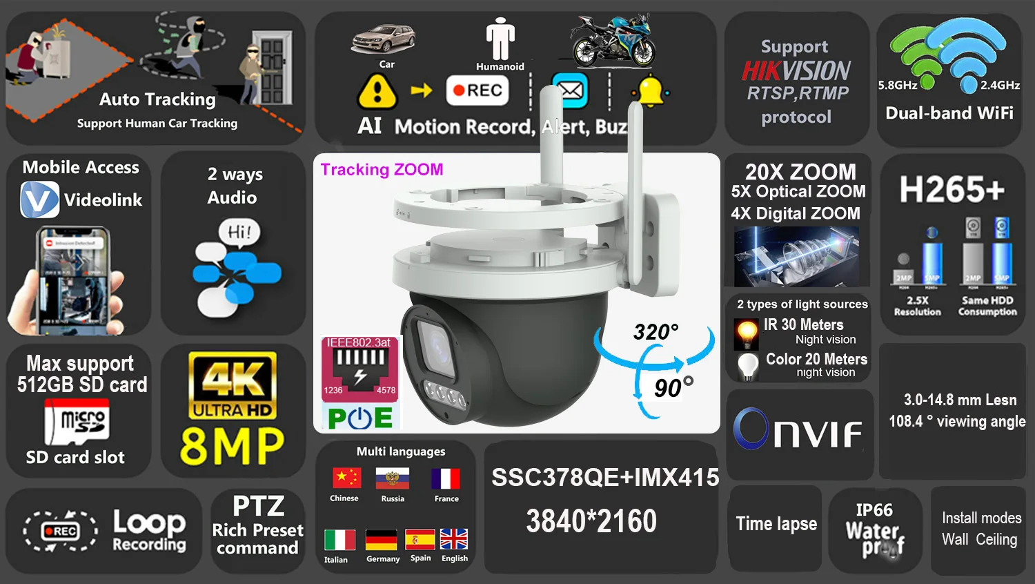 4K 8MP 20fps POE+WiFi versiooni kaamera