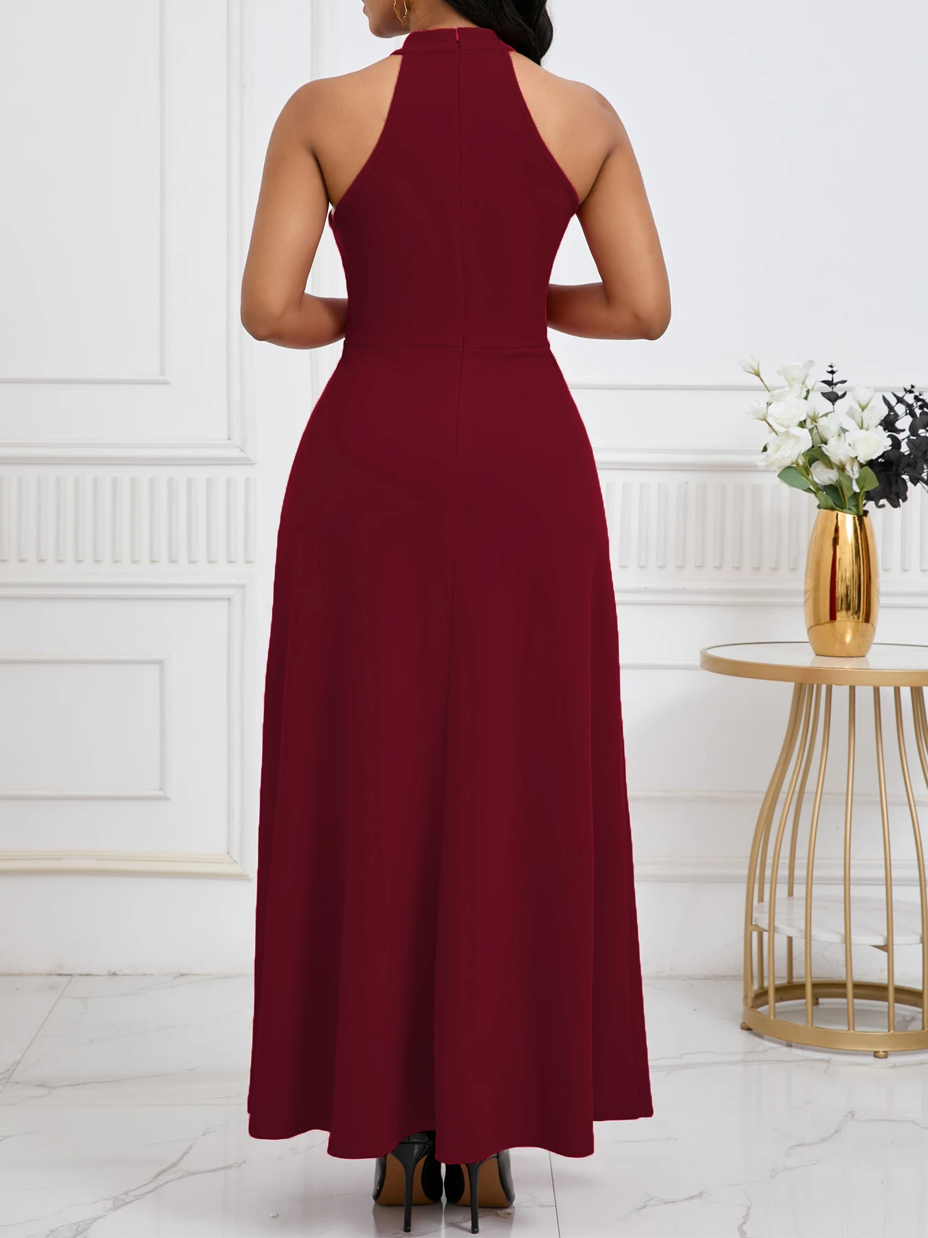 Damen Neckholder-Kleid mit Hohem Schlitz Ärmellos Formelles Cocktail-Party-Kleid Bodenlang Abendkleid A-Linie Hochzeitsgast Maxikleid – Detail 22