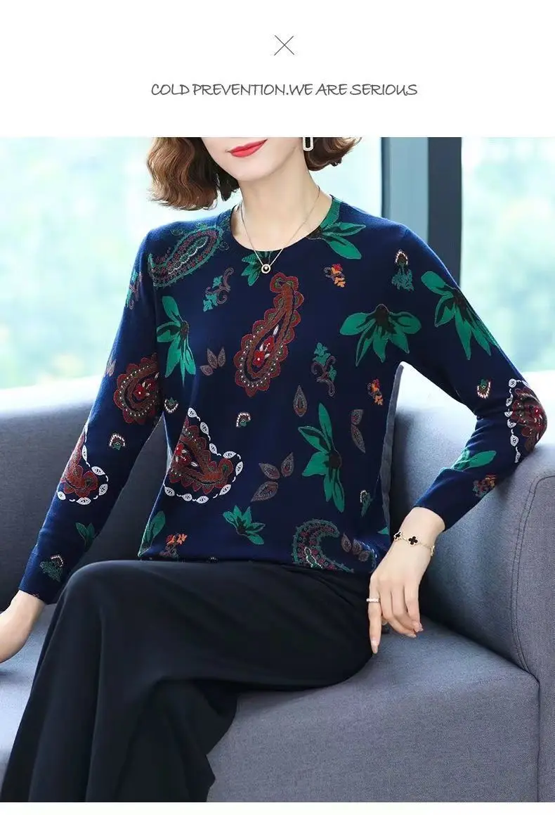 Middle-aged Women's New T-shirt Top Long Sleeve Round Neck Mother's Bottoming Shirt Spring Autumn Clothes Vintage Printed Blouse