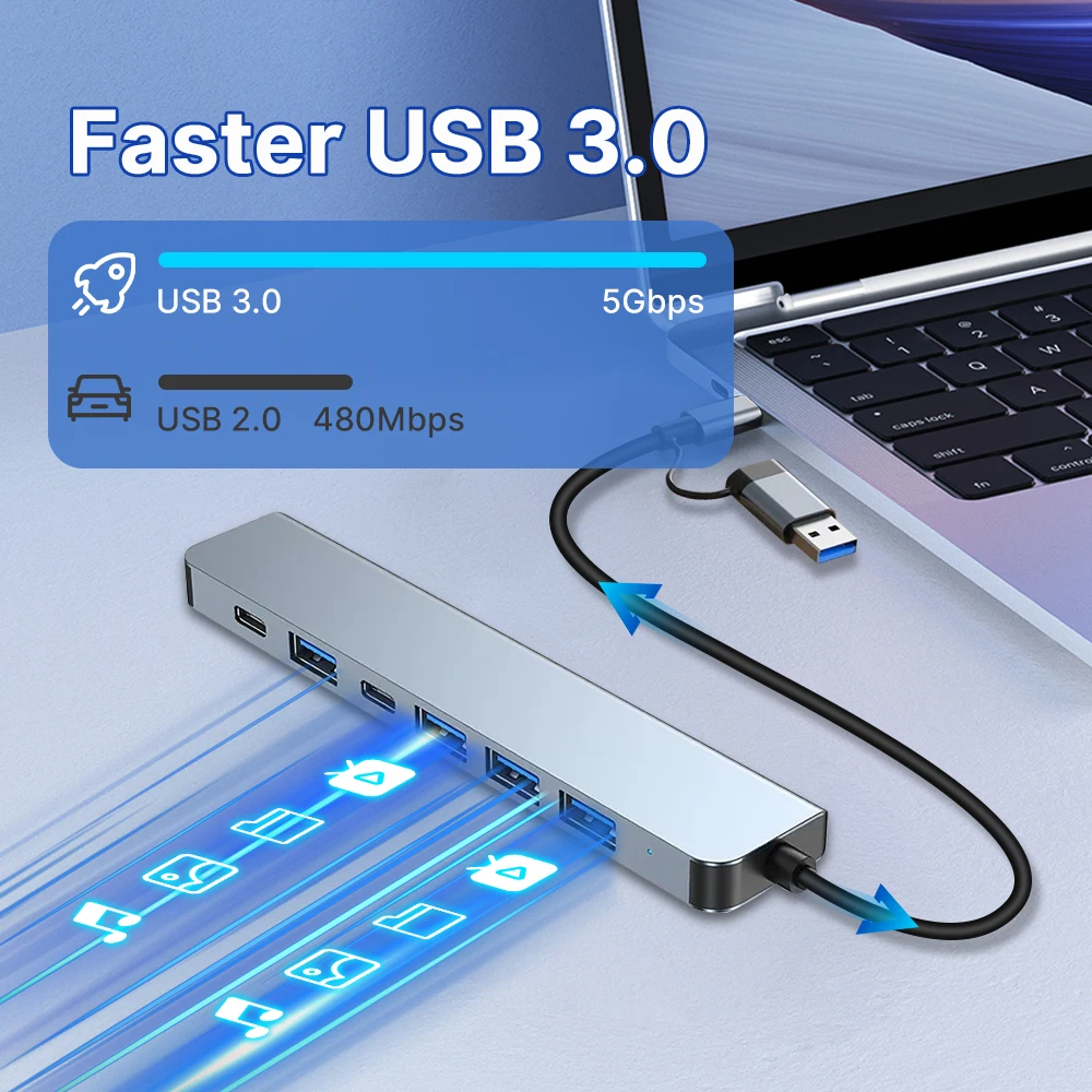7 Ports 2-in-1 USB 3.0 HUB Type-c Adapter Splitter Dock Multiport USB 2.0 High Speed Transmission Expander For PC Computer